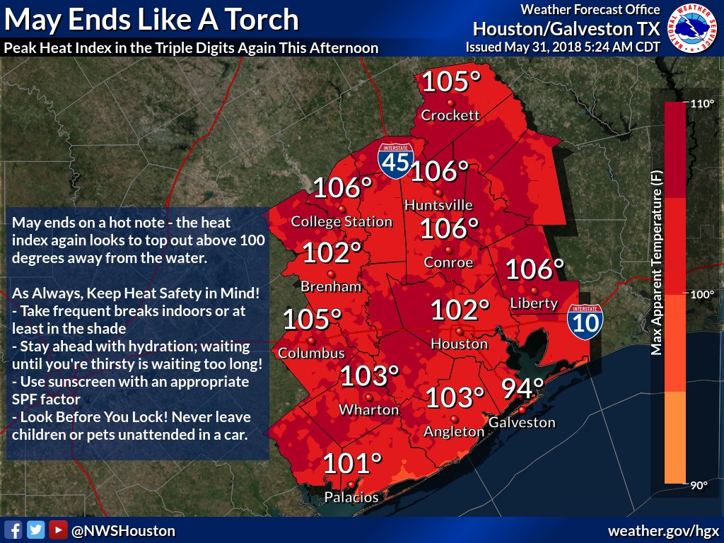 NWSHouston's tweet photo. Heat index, check it and see - yours may max out at 103! The early summer roast continues today, so grab that water bottle and scope out a cool spot for breaks today. https://t.co/BK2xwdhAlg