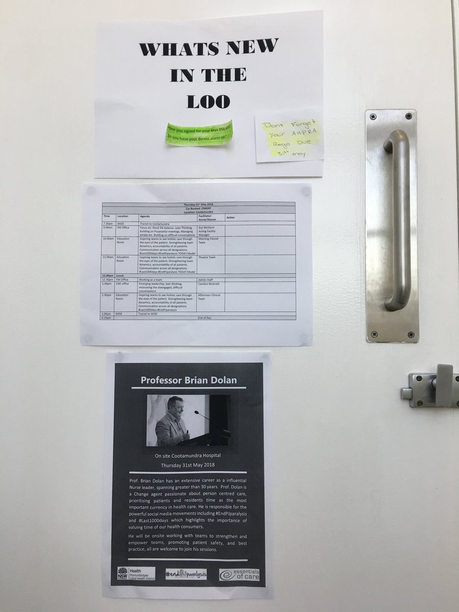 BrianwDolan's tweet photo. You know you've really made it when you're mentioned in the 'What's new in the loo' noticeboard. Yes, it's really a thing!
In Cootamundra in deepest New South Wales today; a fab 30-bed community hospital full of #endPJparalysis enthusiasts
HT @Courtney_Comms @PeterKennell posters https://t.co/GCvmZ2x5H3