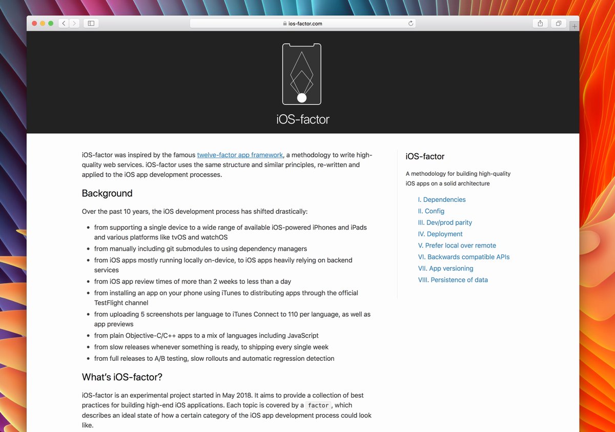KrauseFx's tweet image. 🚀 Launching a new project:
ios-factor.com
a collection of best practices for iOS app development processes, covering dependency declarations, build environments, configuration management, app versioning and more.
All inspired by the famous 12factor.net