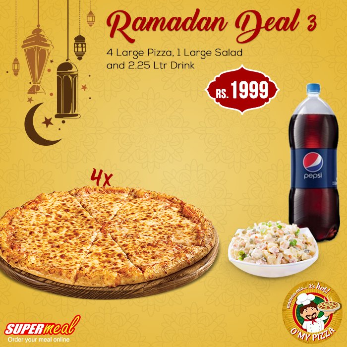 Order 4 Large Pizza, 1 Large Salad and 2.25L Drink. just for Rs. 1999 from #OMyPizza

Order Now: goo.gl/5HGnH1 or Call 021 111 775 775

For instant help contact our support team via Live Chat:goo.gl/9qzYCj

#SupermealPK #Ramadan #Karachi #Deals #Discounts
