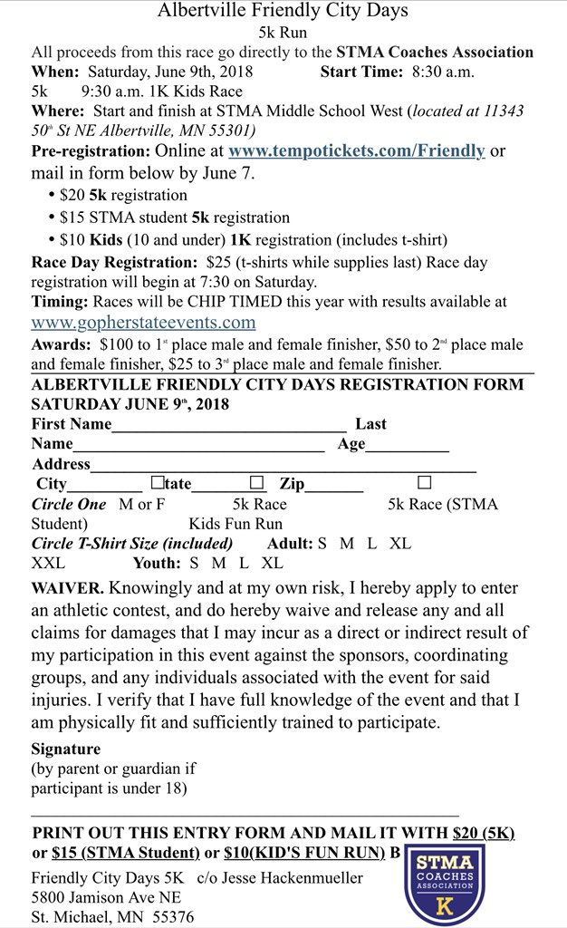 STMA Coaches Association Albertville Friendly City 5K! Saturday June 9th!       tempotickets.com/friendly