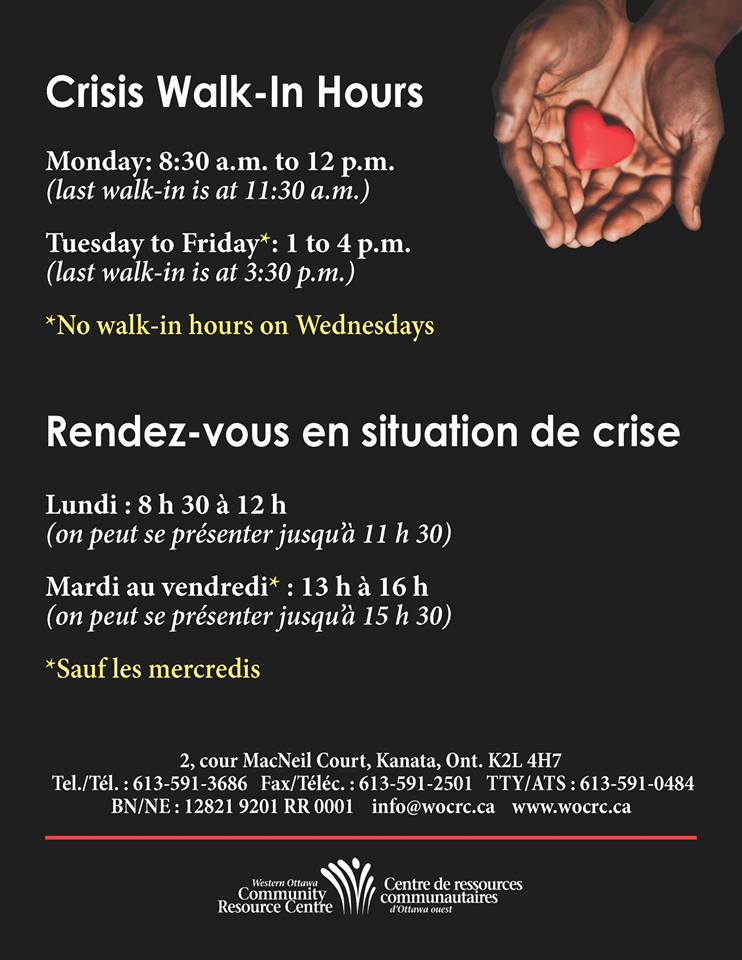 WOCRC_CRCOO's tweet photo. Feeling down or worried? Need someone to talk to? The Western Ottawa Community Resource Centre welcomes you to access our crisis walk in hours (see hours below). https://t.co/NojKKfvOFc