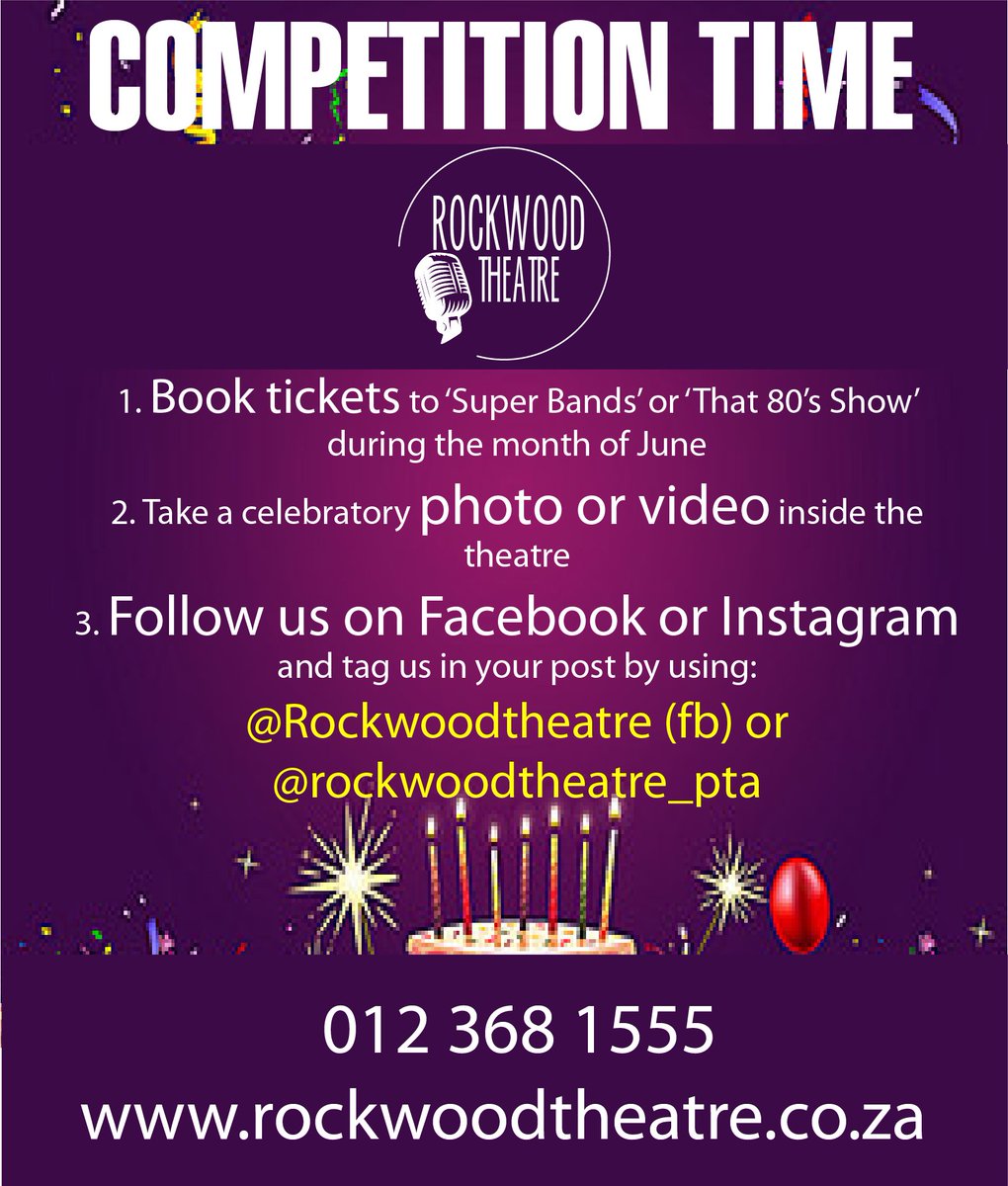 RockwoodTheatre's tweet photo. It's the @RockwoodTheatre #BigBirthdayMonth Competition! You could win a weekend stay @SibayaCasino with lots of extras worth over R10 000 #RockwoodCelebrates #SuperBands #That80sShow https://t.co/liKFMc7gih