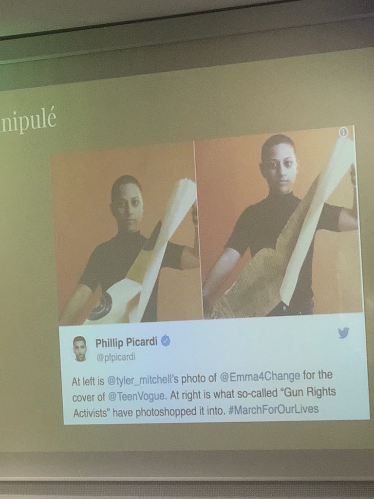 CindyMarques8's tweet photo. À gauche photo réelle d’une femme contre la violence et les armes. À droite, photo photoshopée de cette même femme déchirant la constitution. La preuve qu’un des types de fake news est utilisé par intérêt personnel comme nous l’avons vu tout à l’heure #hegbdc #hegsymposium https://t.co/AcoQrFFIud