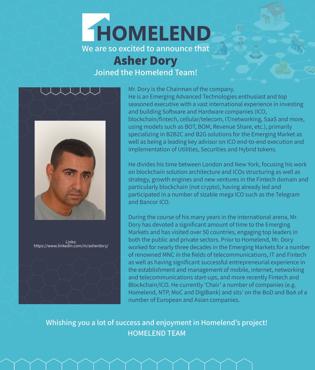 HomelendHMD's tweet photo. We are pleased to announce that Asher Dory  joined the #Homelend Team as our Chairman. Wish him success in the Project.
#Homelend #P2P #Investing #Mortgage #Crowdfuning #Amazingproject #Cryptocurrency https://t.co/pqAHuKZ19v