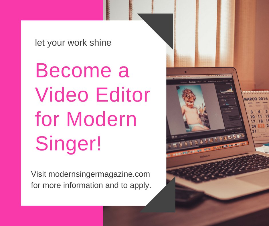 Modern_Singer's tweet image. Let your #work #shine. Become a video editor for #ModernSingerMag! Visit modernsingermagazine.com for more #information and to #apply! #music #joinus #applytoday