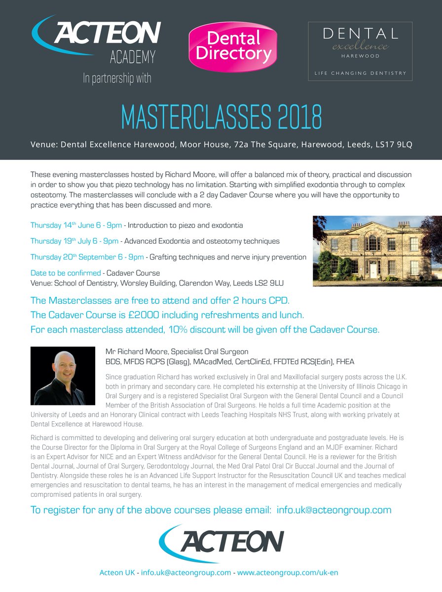 Dental Excellence Harewood is excited to announce The Acteon Academy Masterclasses 2018 hosted by our own Richard Moore.

For dates, further information and how to book, please see the attached flyer.