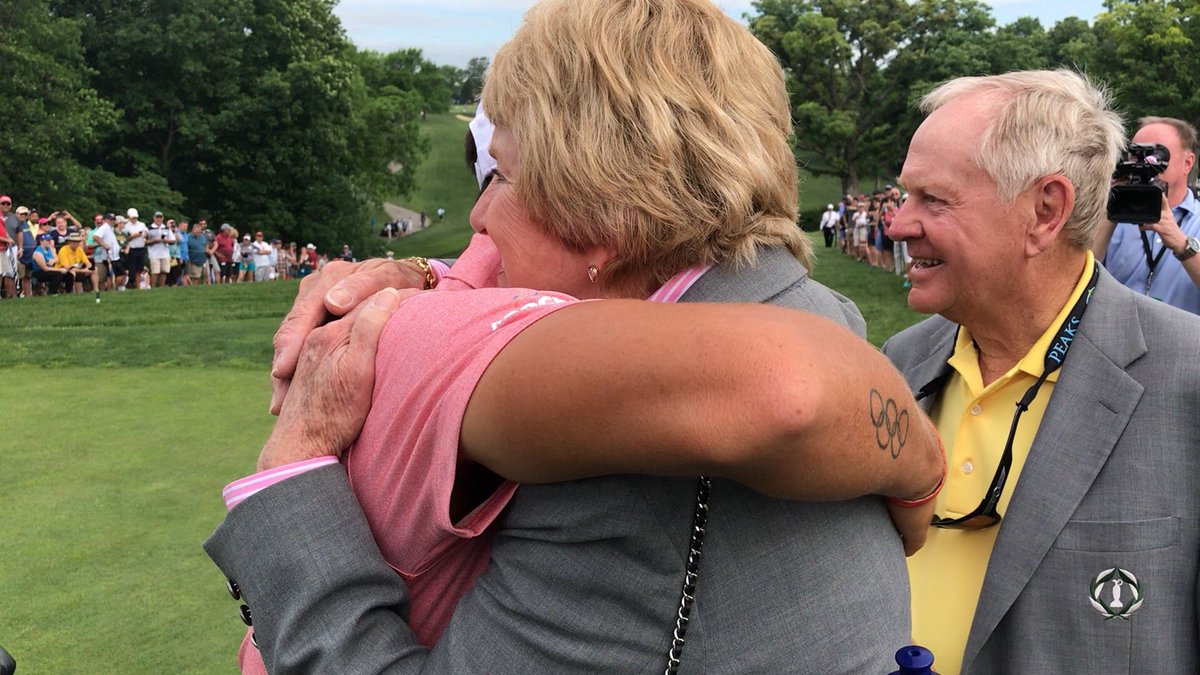 jacknicklaus's tweet photo. When a hug between @RickieFowler &amp; my wife is punctuated with 1 word – Mom! – and my wife pushes me out of the way for a photo, it's no secret Rickie is one of Barbara’s kids on the @pgatour. Play well, Rickie, and congrats to your Cowboys of @OSUCowboyGolf on their @NCAA title! https://t.co/1qQ0tDDhd3