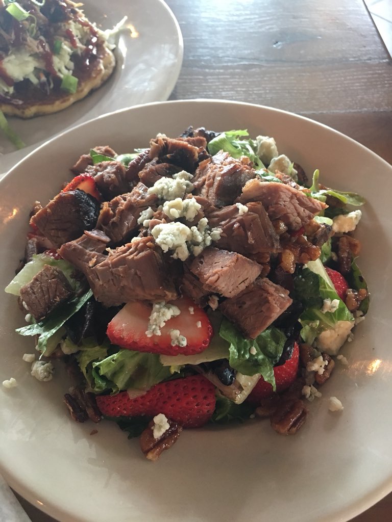 Our brisket salad is a Porko Fan favorite! Tender brisket with blue cheese and strawberries tossed in vinaigrette =yum! #goodeats #indyeats #porkopolisbbq