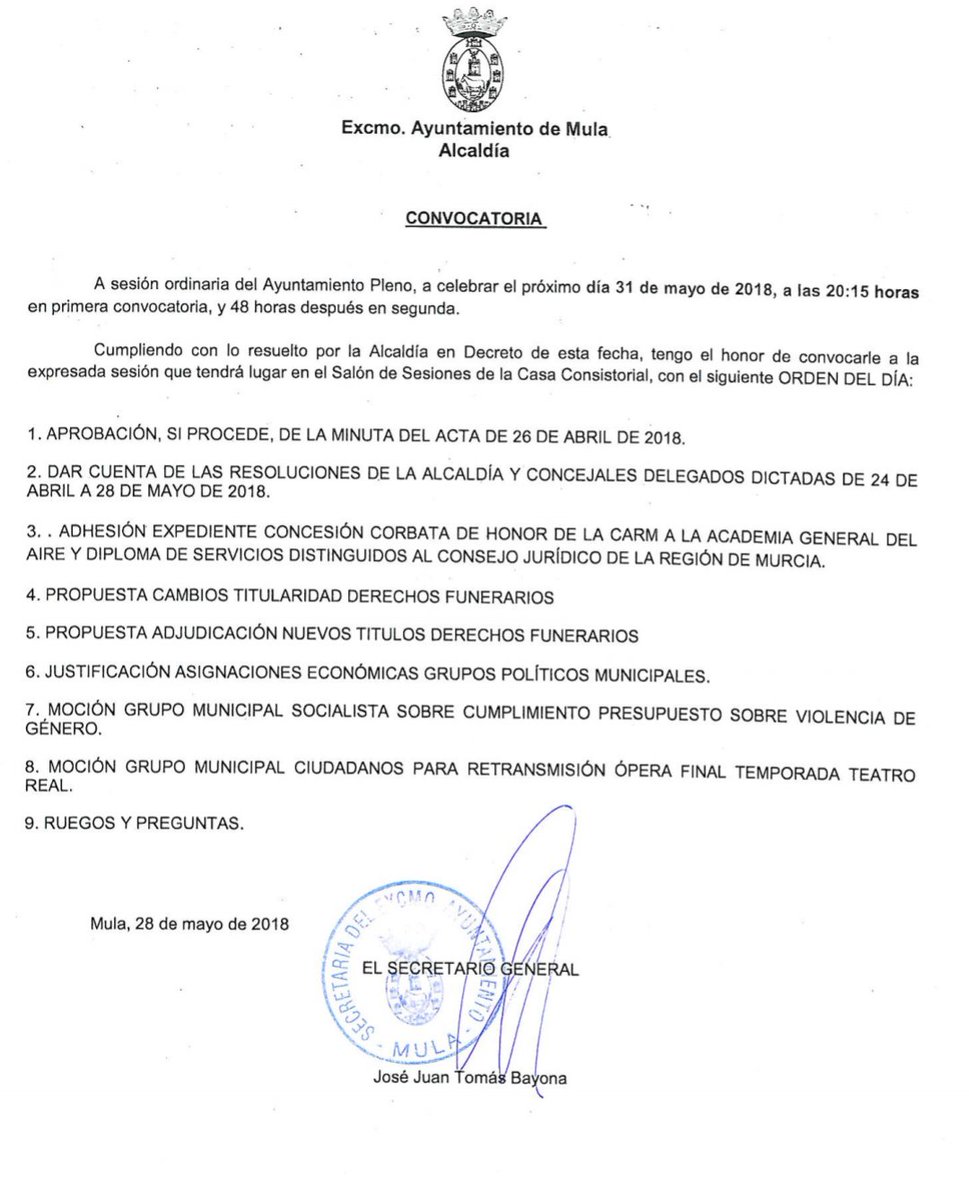Hoy jueves 31 de mayo a las 20:15h retransmisión directo #Pleno #Mula #Mayo2018 @AyuntamientMula mula.es/web/pleno-en-d… …