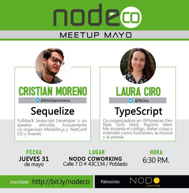 calypsobronte's tweet image. [HOY - MEDELLIN] Hoy en nuestro @meetup en @node_co estarán dos grandes desarrolladores @khriztianmoreno hablándonos de #sequelize un impresionante #framework y @ltciro nos estará hablando de #typescript de como construir un aplicación escalable.
Animate!!
👇