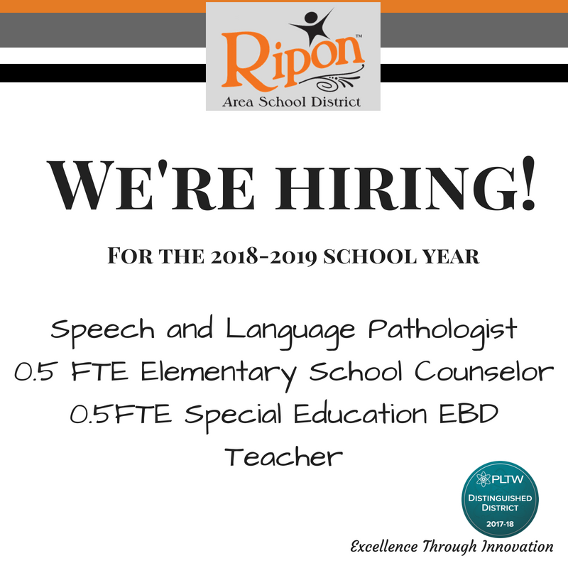riponschools's tweet photo. We are looking for education professionals to join our team for the 2018-19 school year. Information is available under the Job Opportunities tab of our website. Interested candidates should apply through WECAN. It's a great time to become a Ripon Tiger! #riponwiproud https://t.co/nwFnoiYm8g
