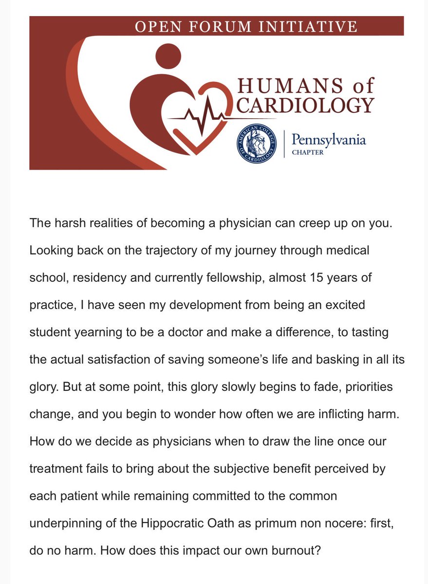 PaChapterACC's tweet photo. As promised, our monthly edition of Humans of Cardiology, a @PaChapterACC initiative. Have a read and please feel free to leave your comments. It’s pertains to palliative care in cardiology. Is it an underutilized field? https://t.co/EPu0DyxChS