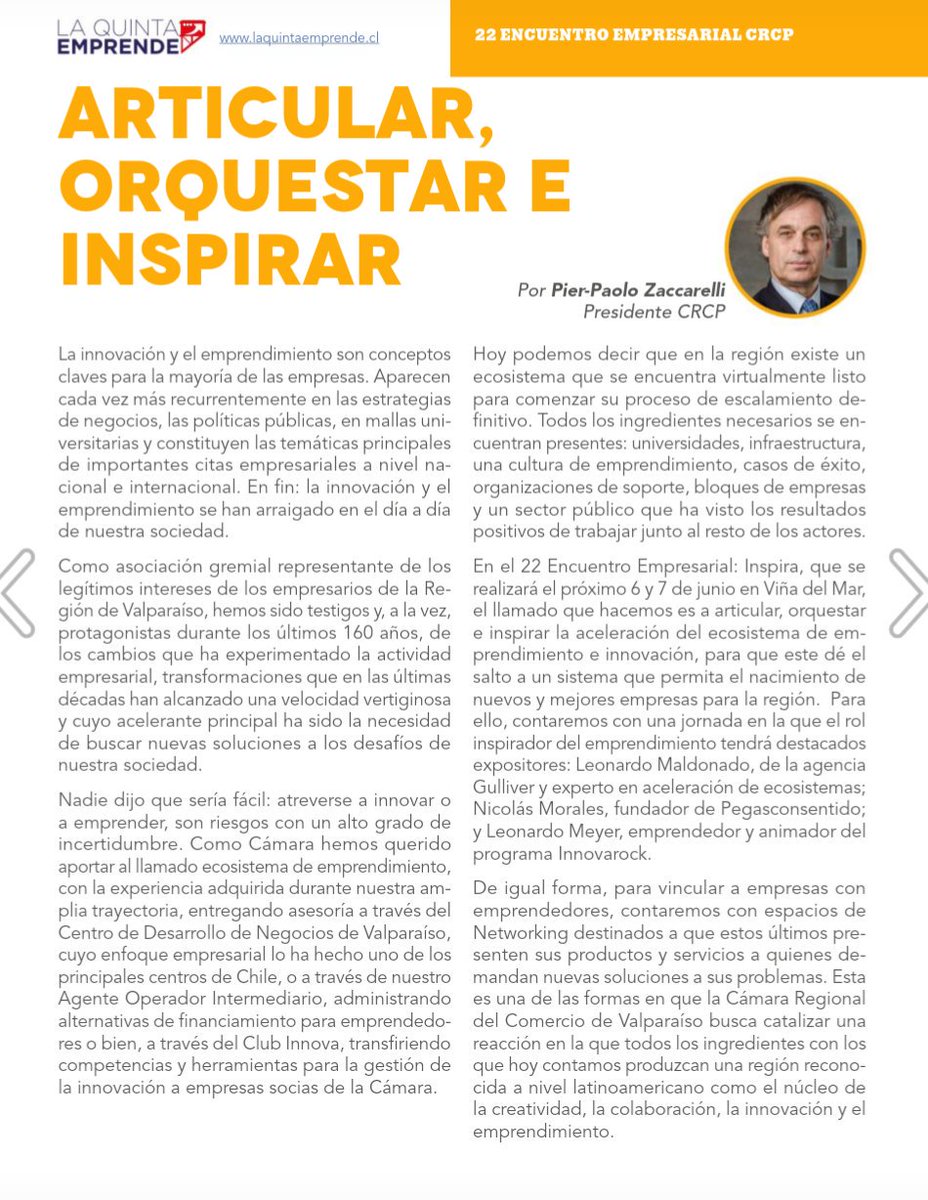 CRCPValpo's tweet photo. [Prensa]  Lee la última edición de la Quinta Emprende, y conoce todas las novedades del #22EE https://t.co/ItE6DATQEp https://t.co/5sR7SOJgdl