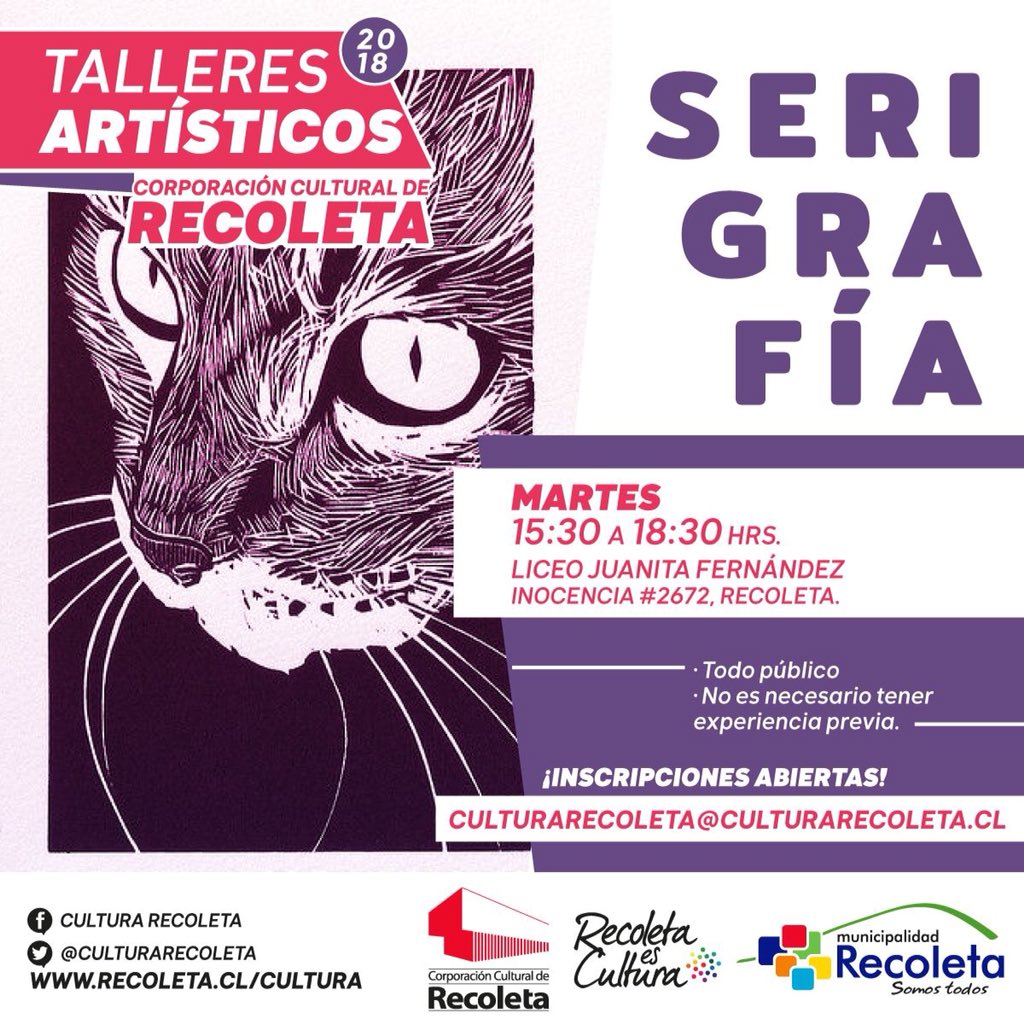 Los talleres de #Serigrafía y #Fotografía de <a href="/CulturaRecoleta/">Cultura Recoleta</a> se mueven por la comuna para llegar a más vecinos y vecinas! Revisa los nuevos lugares y horarios e inscríbete gratuitamente! #RecoletaesCultura