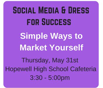 Don't forget, today is the social media &amp; dress for success workshop!! Students can also get FREE professional head shots, great for a LinkedIn page!! Meet us at Hopewell High School's Cafeteria today at 3:30!! <a href="/HopewellSchools/">Hopewell Schools</a>