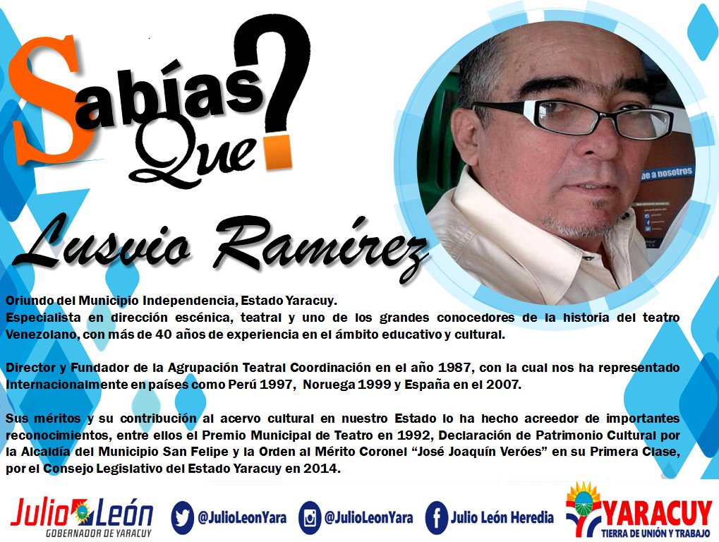 Conozcamos a nuestros Personajes Yaracuyanos, el es "<a href="/Lusvio/">lusvio</a> Ramirez", oriundo del municipio independencia, especialista en dirección escénica, teatral y uno de los grandes conocedores de la historia del teatro venezolano.

#SabíasQue #Icey #PorMásYMejorCultura