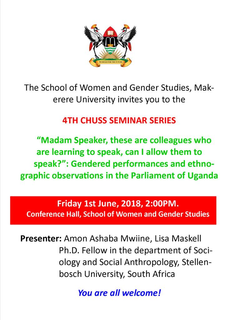 The 4th #ChussSeminarSeries is happening tomorrow Friday 1st June at 2:00pm. Please make it a date. #WomeninPolitics #WomenLeaders