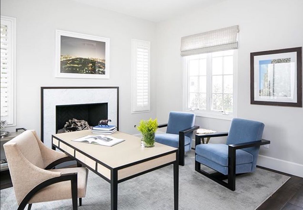 Bright and welcoming California home office by <a href="/AnneMichaelsenD/">AnneMichaelsenDesign</a> featuring a pair of our Roger lounge chairs in blue. #homeoffice #Interiors #homedecorideas