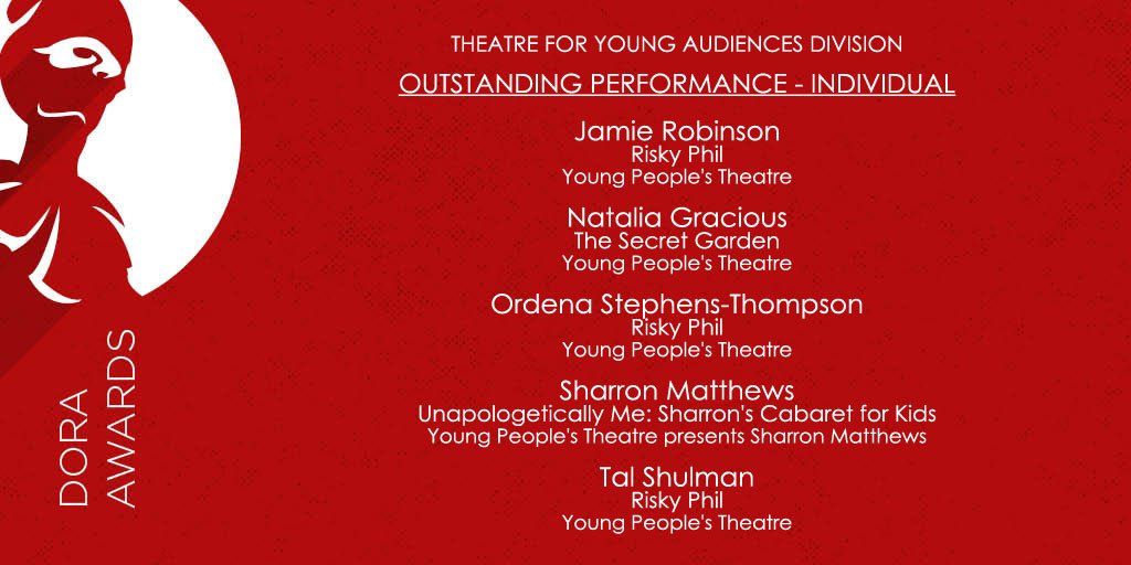 DoraAwards's tweet photo. THEATRE FOR YOUNG AUDIENCES DIVISION Outstanding Performance β Individual #2018Doras #DoraAwards #DoraPressConference #torontotheatre https://t.co/6TLi1Mqd3L