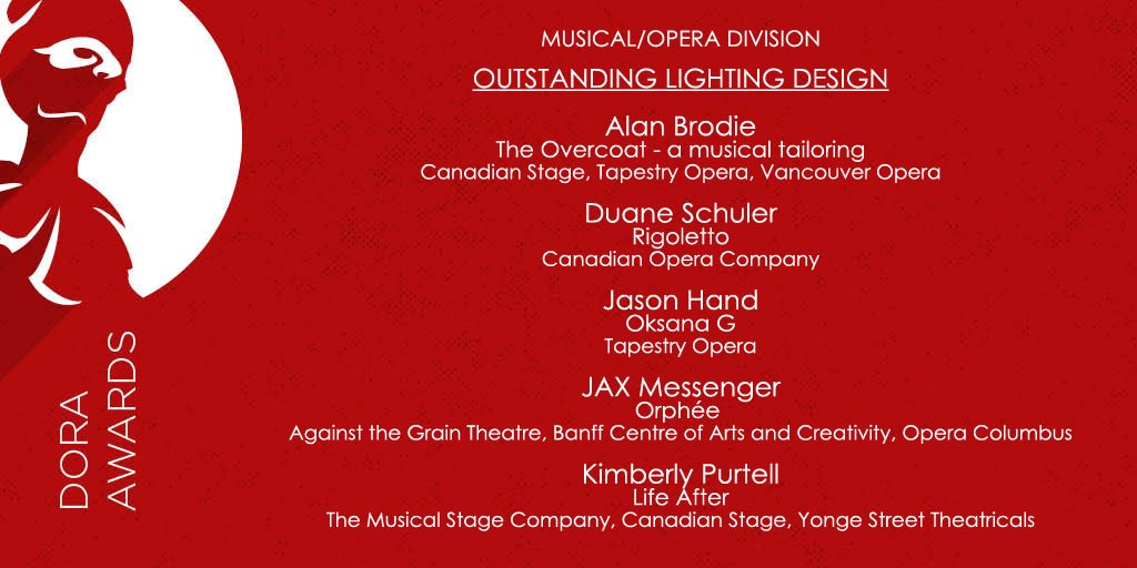 DoraAwards's tweet photo. MUSICAL/OPERA DIVISION Outstanding Lighting Design #2018Doras #DoraAwards #DoraPressConference #torontotheatre https://t.co/uTJnFmB3iL