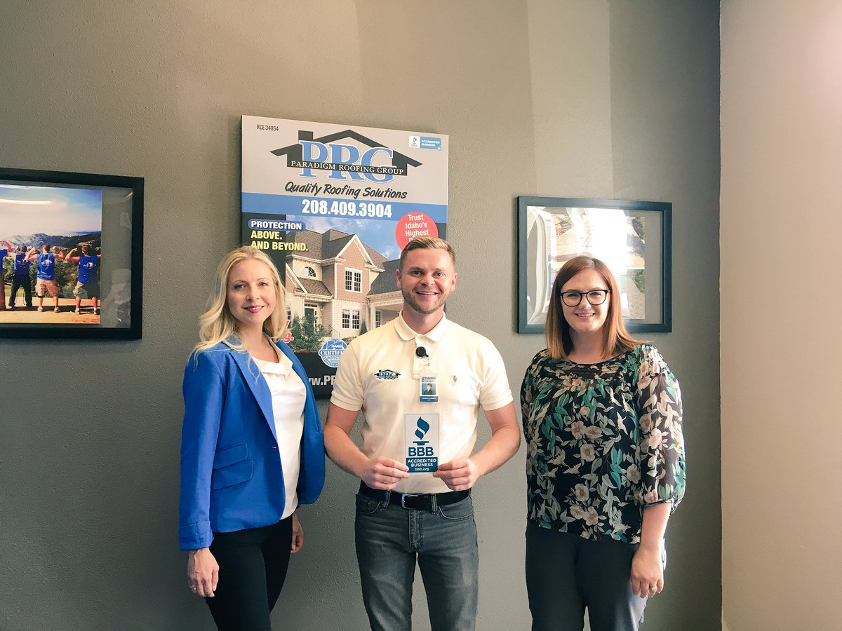 We stopped by @idahoroofingpro in Boise to thank Josh and his team for upholding BBB's 8 Standards of Trust! Paradigm Roofing Group specializes in residential, commercial and multi-family roofs and has been a #BBBAccreditedBusiness since 2012. #BBBIdaho