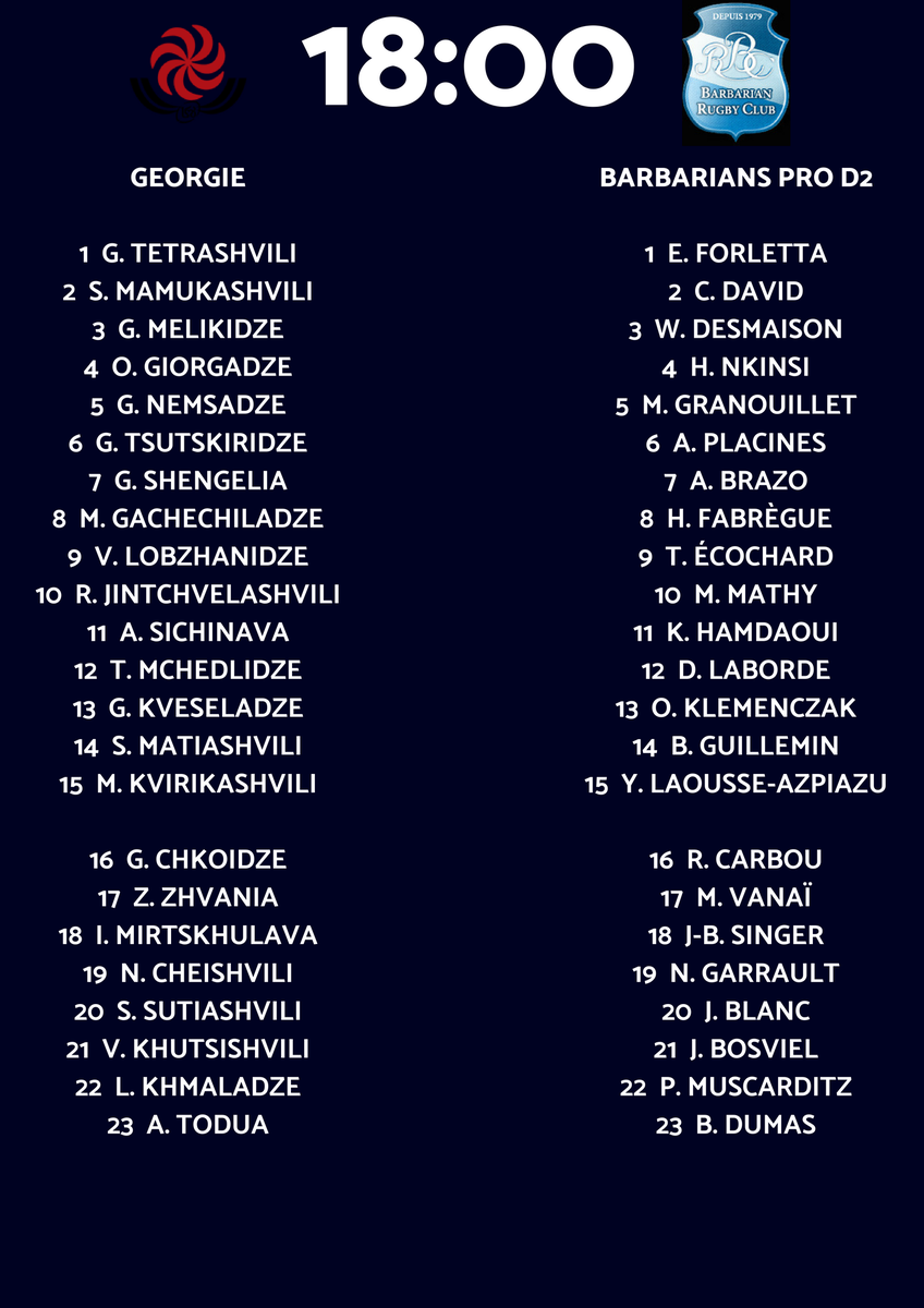 ActusProD2's tweet photo. Les Baby Barbarians défient la Géorgie à 18h. Voici les compositions !
Match à suivre sur notre Page Facebook et notre Twitter. #GEOBAR https://t.co/9CNTDxOwkM
