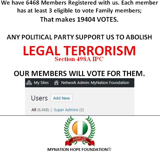 VOTE against LEGAL TERRORISM <a href="/narendramodi/">Narendra Modi</a> <a href="/BJP4India/">BJP</a> <a href="/INCIndia/">Congress</a> <a href="/AamAadmiParty/">AAP</a> <a href="/Manekagandhibjp/">Maneka Sanjay Gandhi</a> @__mynf <a href="/Gameof498A/">Suresh AV</a>  @NThadur <a href="/498anlr/">498anlr</a> <a href="/mehratweets/">Author K K Mehra🇮🇳</a> <a href="/Keyadas63/">Keya Das mnf</a>  @Milkyway1955Z @dowryking <a href="/mra_kkumar/">MyNation MRA_Kumar</a> <a href="/rebasedreams/">rebaseDreams</a> <a href="/BBC/">BBC</a> <a href="/aajtak/">AajTak</a> @abpnewstv <a href="/ndtv/">NDTV</a> <a href="/NewsX/">NewsX World</a> <a href="/republic/">Republic</a> <a href="/the_hindu/">The Hindu</a> <a href="/TimesNow/">TIMES NOW</a>