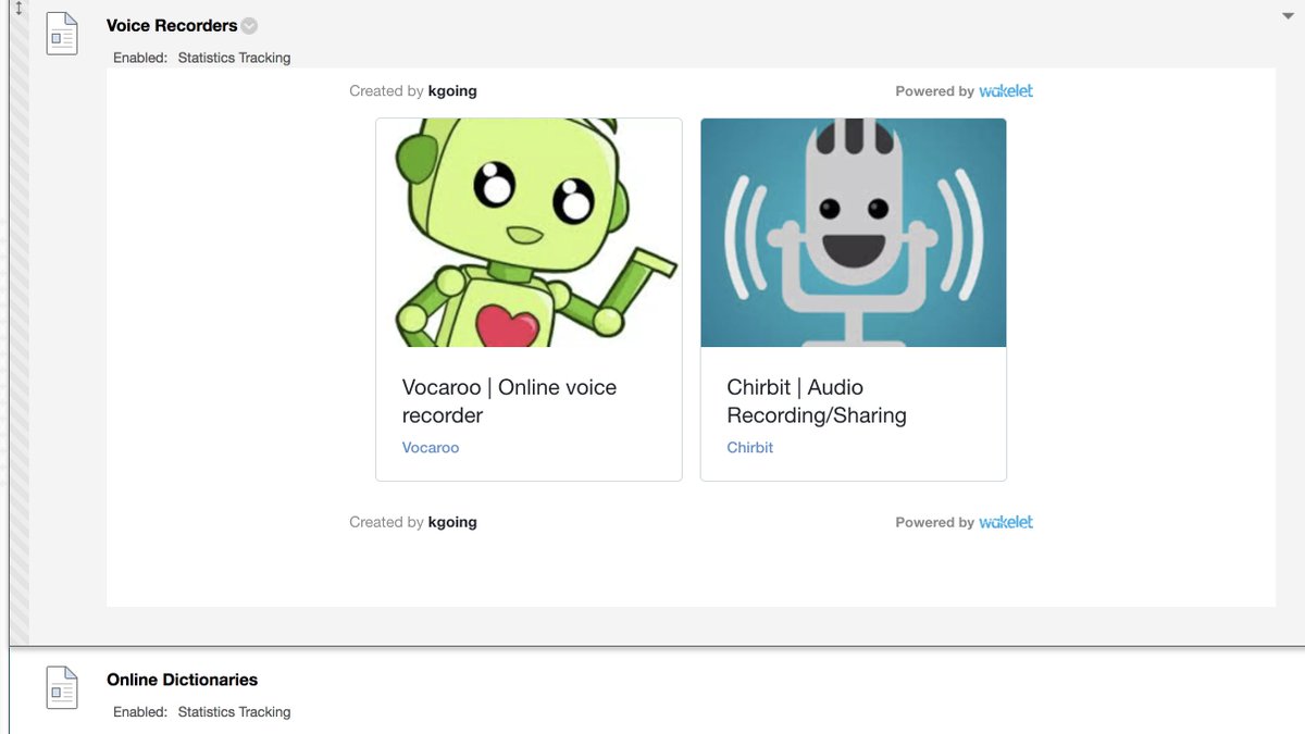 mrkgoing's tweet photo. Q2: I just built this new resources page in my courses for summer using embedded wakelets to organize online tools and resources.  I'm pretty excited about it! #chatchallenge https://t.co/yxjFSGffsj