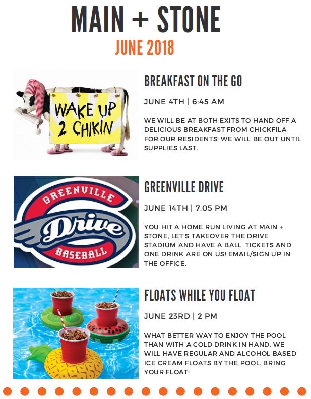 MainAndStone's tweet image. Mark your calendars for our June resident events and don&apos;t forget YappyHour Tonight from 5pm-7pm on the patio in front of the office! #MainAndStone #JuneEvents #WeLoveOurResidents