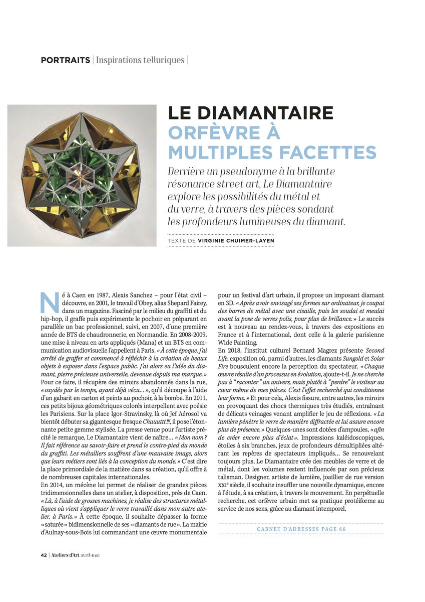 WidePainting's tweet photo. Portrait of @_lediamantaire in @ateliersdart magazine.
#lediamantaire #ateliersdart #streetart #diamond #sculpture #widepainting #artsy https://t.co/yJvZa3DadQ