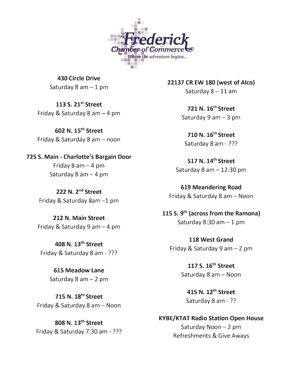 VisitFrederick's tweet photo. Garage Sale, Business &amp; Attraction Listings for June 1-2. Download and print a copy at https://t.co/t3llClDGPN or you can pick one up at the Chamber office in the rack by Chamber door inside the Grand Hotel lobby. https://t.co/yqdbNhz4tv