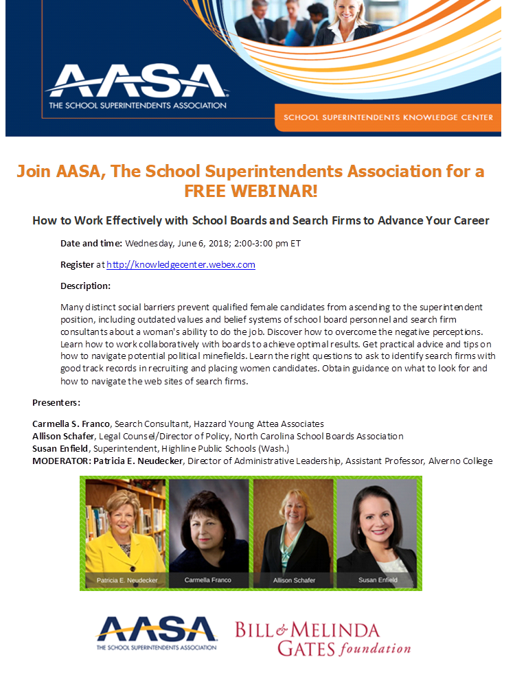 HighlineSchools's tweet photo. Join @AASAHQ on June 6 for a free webinar on “How to Work Effectively with School Boards and Search Firms to Advance Your Career.” https://t.co/CYIKVTg9nc #HPSTEachLead @SuptEnfield https://t.co/JcNPOrPnxA