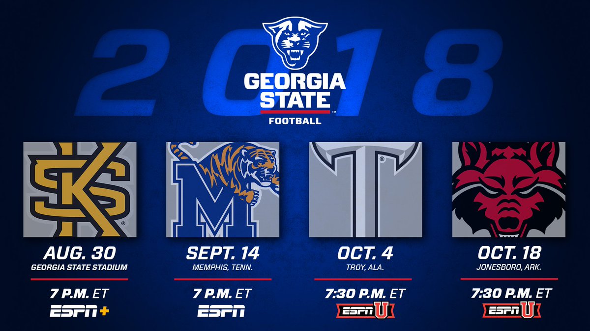GeorgiaStateFB's tweet photo. Kickoff times announced for 4⃣ games that will air on ESPN platforms, including our season opener at @GSUStadium!

2018 Schedule: https://t.co/uJAk8ylXok

💪 #BeTheChange https://t.co/ZMboxFOx2s