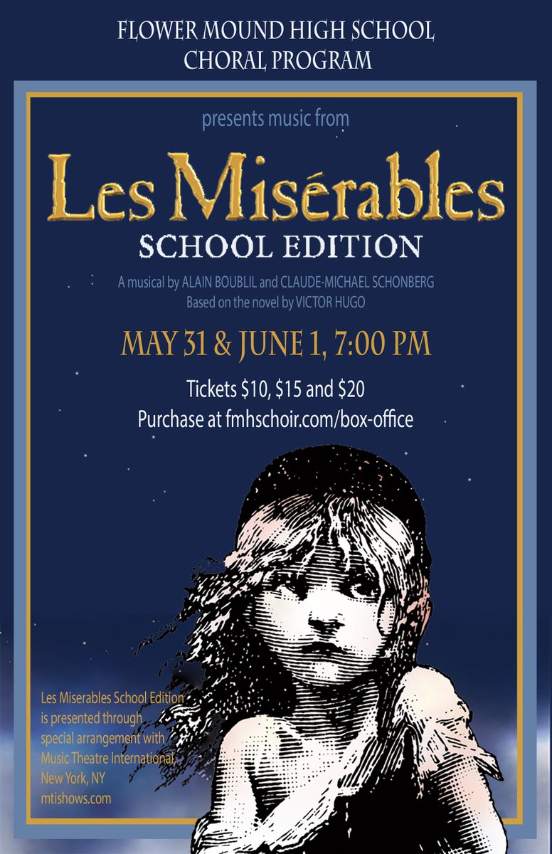 MsSwartwood's tweet photo. Concert Performance #1 of Les Miserables happens TONIGHT in the FMHS Auditorium! The Box Office for at-the-door ticket sales opens at 6pm, doors open at 6:30pm, show starts at 7pm. See you there!!! #lesmis https://t.co/hsoeOczwbm