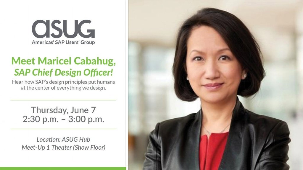 #SAPPHIRENOW + #ASUG2018 attendees! Would you like a chance to meet Maricel Cabahug, #SAP's Chief Design Officer? Come learn about SAP’s vision for the enterprise user experience of the future and bring your questions for an informal dialogue with Maricel!
