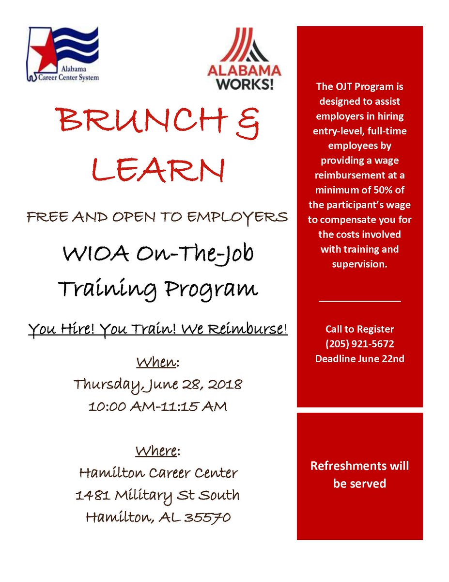 NWAlabamaEDA's tweet photo. We will be hosting an employer information session at the Hamilton Career Center on Thursday, June 28th, 10:00 AM-11:15 AM. Light refreshments will be served. https://t.co/gSrQkFtQg8