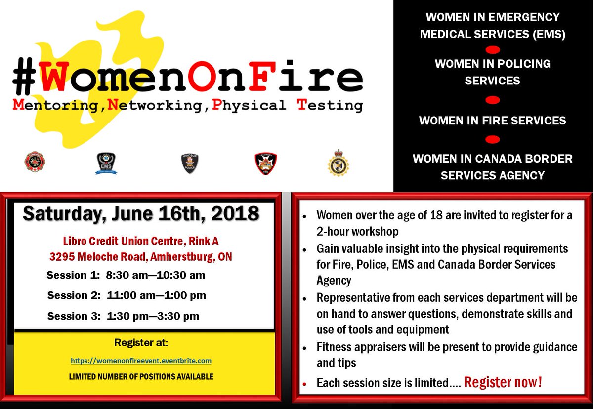 WindsorPolice's tweet photo. SAVE THE DATE: Proud to work with our emergency services partners in this first responders recruitment initiative for women.  We have an incredible group of female officers who will be present to answer your questions. Hope to see you there!
Register now:
https://t.co/HY6wtXrlOG https://t.co/eems8l8CXi