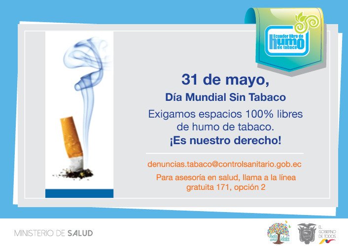 SaludPichincha's tweet photo. 31 de mayo, Día Mundial Sin Tabaco, por una vida saludable ¡súmate al reto de no fumar! |#EcuadorSinTabaco https://t.co/mkWw4MrLYc