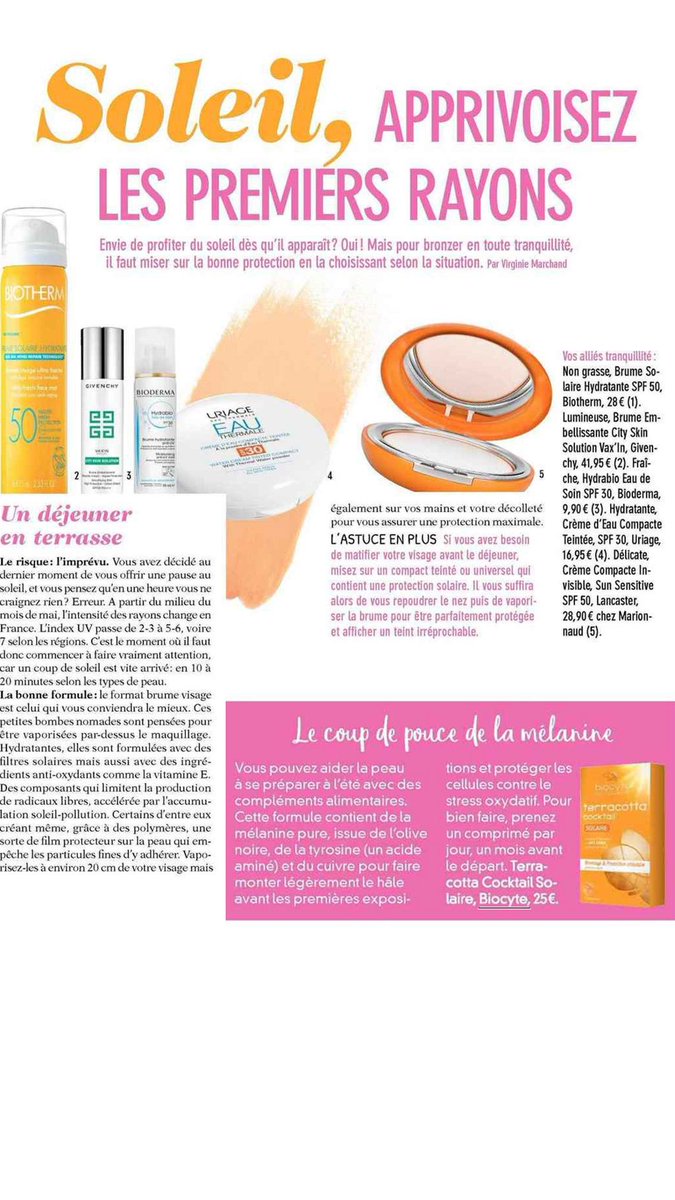 [Vu, lu, aimé] 👍☀️ Le coup de pouce mélanine #Terracotta de #Biocyte dans le dernier numéro de <a href="/femmeactuelle/">Femme actuelle</a> ☀️👍
#editorial