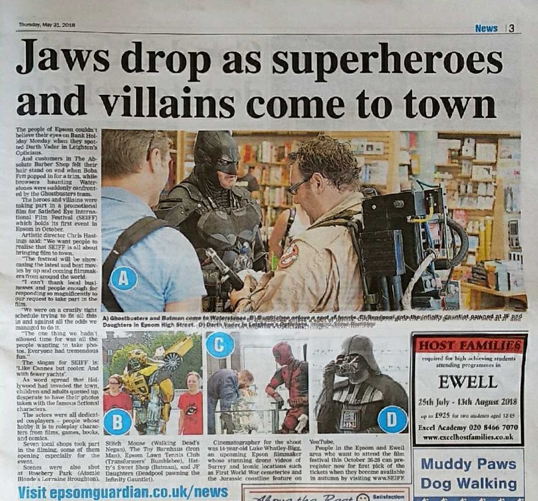 SATISFIED EYE IFF in today's @epsomguardian with story on superheroes and villains coming to #Epsom <a href="/EpsomCivicSoc/">Epsom Civic Society</a> <a href="/EpsomWstones/">Waterstones Epsom</a> @EpsomEwellBC