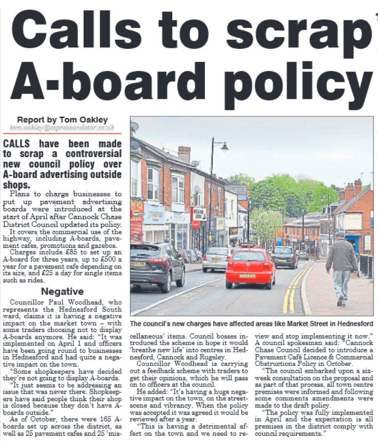 .@CannockChaseGP Cllr @PaulEWoodhead leads calls to lift counter-productive A-board charges on local businesses in Hednesford #GreenParty @westmidlandsgp