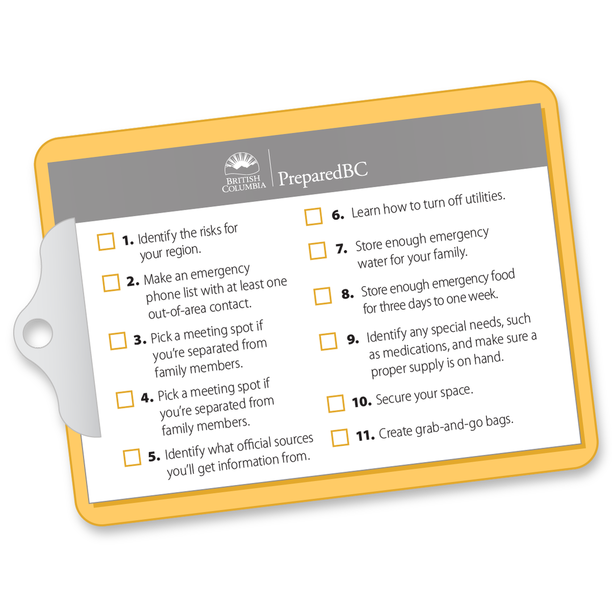 PreparedBC's tweet photo. Eleven steps to preparedness: how many have you completed? We want to make it easier for you. Visit #PreparedBC today: https://t.co/VgghNRSbTV https://t.co/0TchIkHlF2