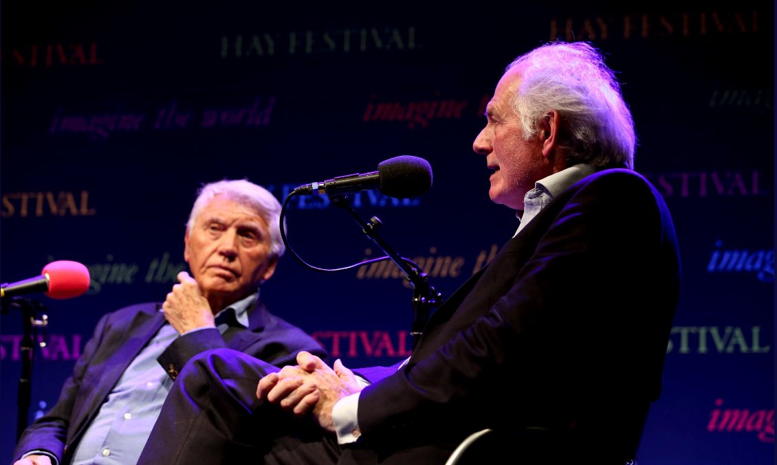 BBCArtsPR's tweet photo. In #bbctent @hayfestival, historian #dancruickshank & photographer #DonmcCullin with director Adrian Sibley #roadtopalmyra @bbcarts https://t.co/wzqzaq2n6s