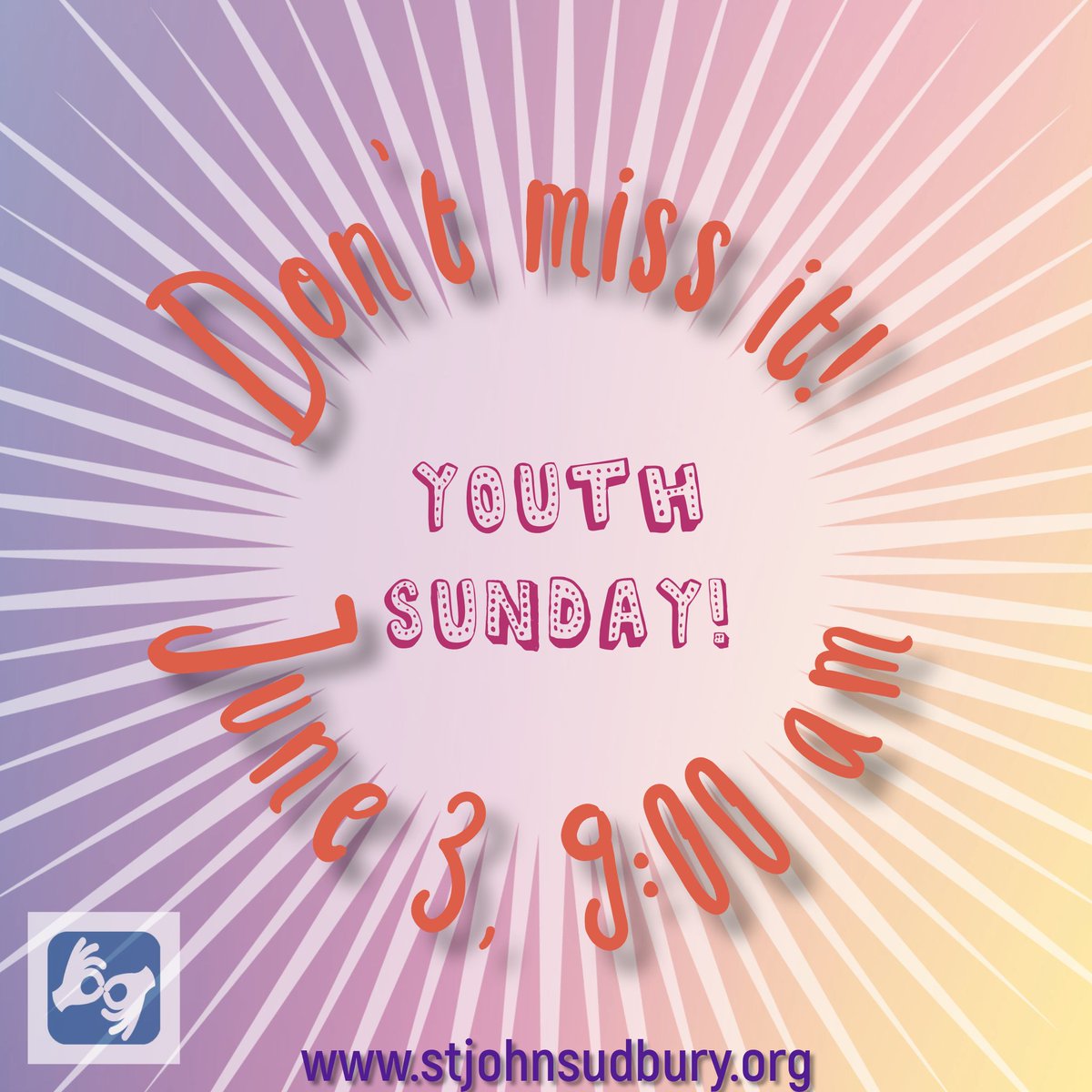 stjohnsudbury's tweet photo. Youth Sunday is this Sunday: June 3, 9am! Join us!!

#youthsunday #lutheranchurch #lutheran #elca #sudburyMA #metrowestBoston #aslinterpreted #allarewelcome https://t.co/ANipbls0Hw