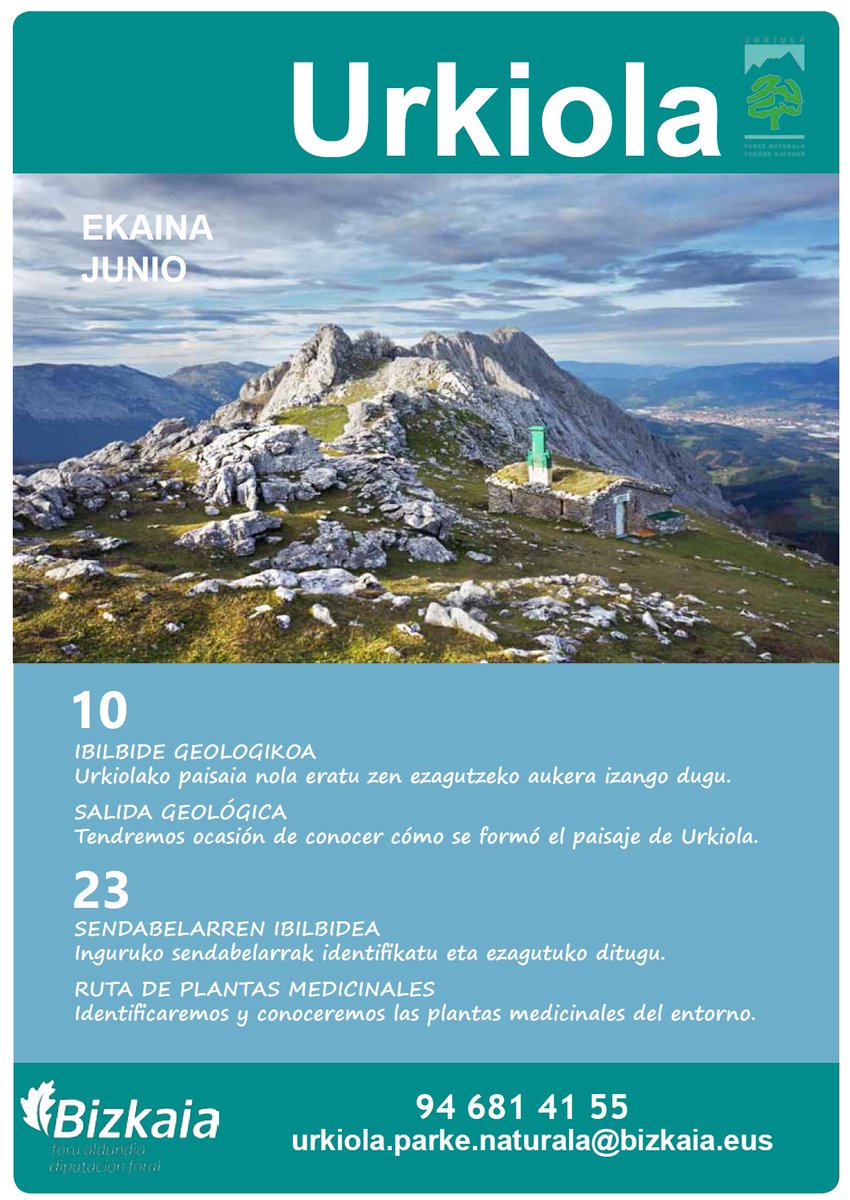 #Urkiola #ParkeNaturala
 Actividades de Junio
 Ekaineko ekintzak
 10 Ibilbide geologikoa - Salida Geológica
 23 Sendabelarren ibilbidea - Ruta de plantas medicinales
 #geologia #botanica