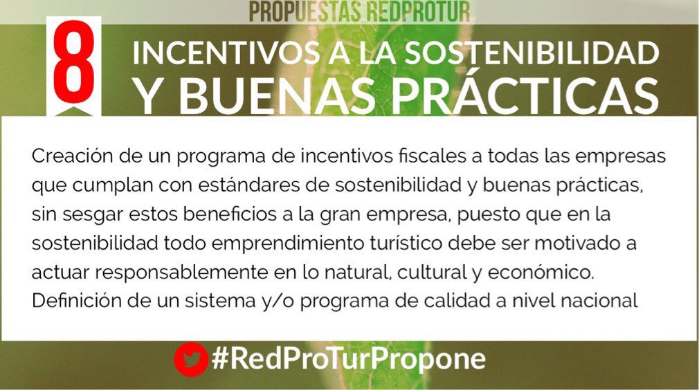 RedProTurEcuado's tweet photo. 📌 8️⃣ Incentivos a la sostenibilidad y buenas prácticas📌
#RedProTurPropone https://t.co/aVLQi3Odnn