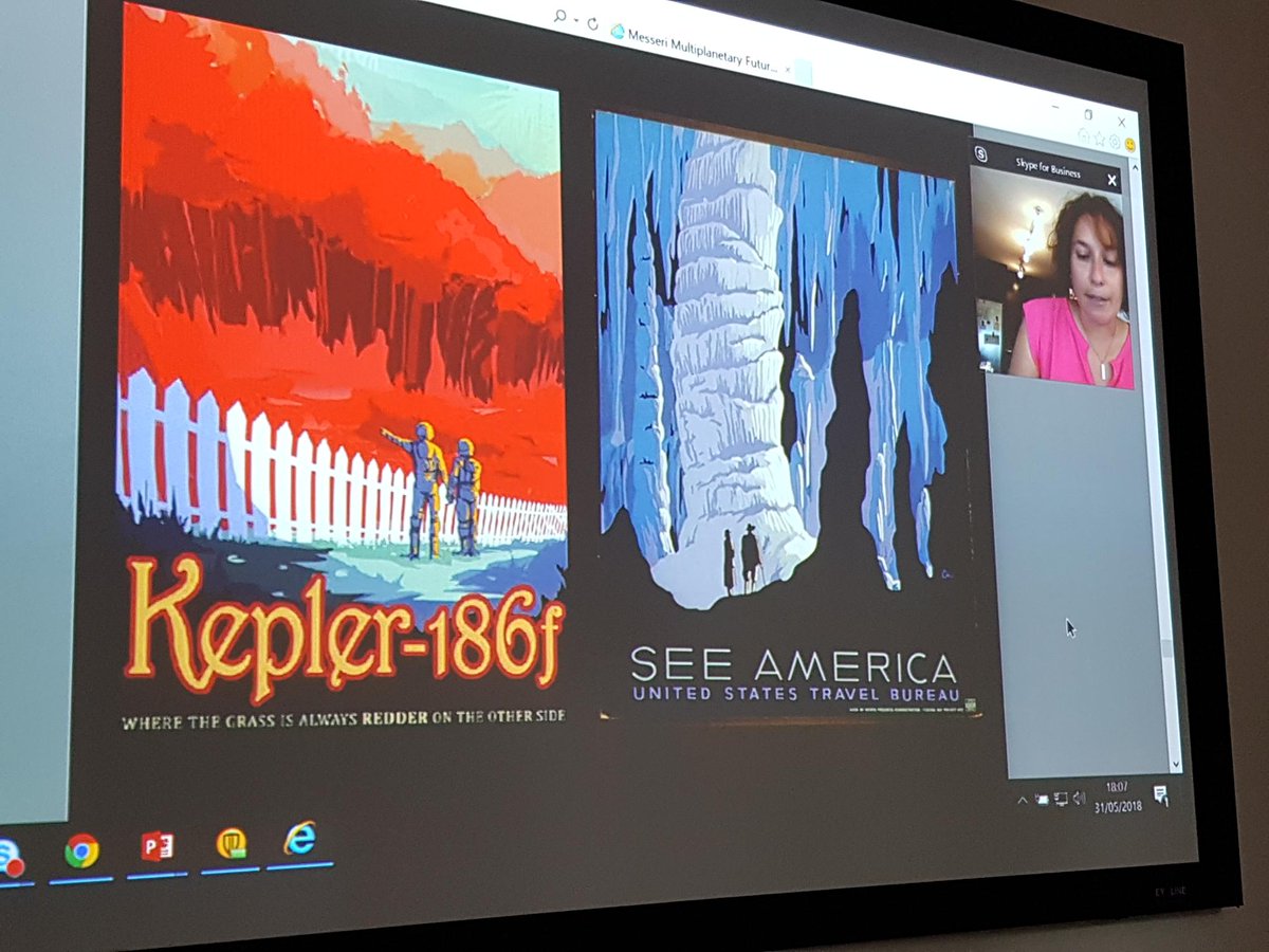 szerszynski's tweet photo. .@lmesseri on the work of space artists representing exoplanets, drawing on US travel posters - visions of the future saturated with nostalgia.  #multiplanetaryfutures @multiplanetary1 https://t.co/2GAyoCaeCJ