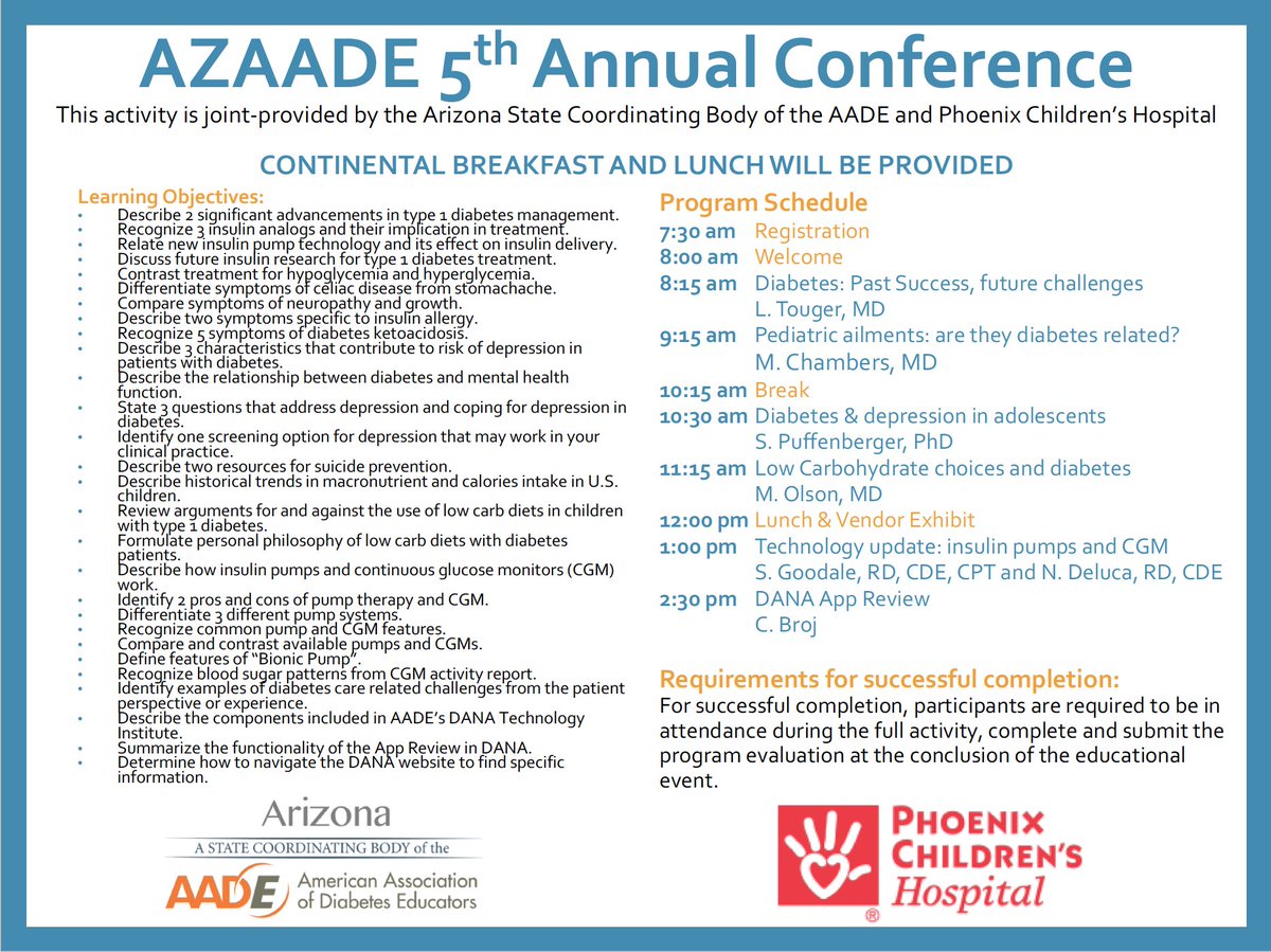 ArizonaAADE's tweet image. Our Annual Diabetes Symposium is just 2 weeks away - on June 16th! Join us to learn concepts that will help empower diabetic patients to live healthier lives. Tickets are only $30! goo.gl/bjQWcR. ✌️ #AADE #AZAADE #diabetes #CDE