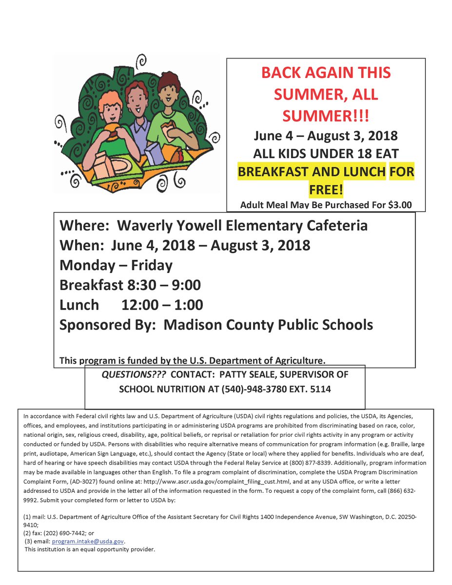 Starting June 4 until August 3, 2018, the free summer meal program will be available M - F for breakfast (8:30 - 9:00 am) and lunch (12:00-1:00 pm) <a href="/mcpsWYES/">Waverly Yowell</a> cafeteria.  This program is funded by USDA and free to anyone under the age of 18 (adult meals cost $3.00 each).